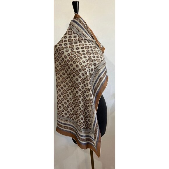 Vtg 1960's Silk Scarf Geometric And Paisley Pattern Blue Brown & Beige 32" x 31" - Picture 2 of 9
